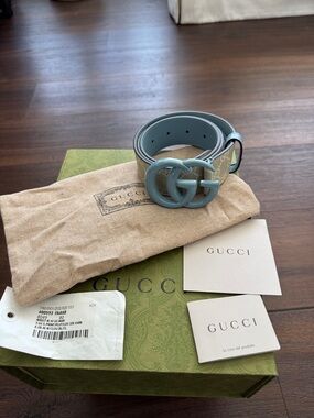 Gucci Authentic Light Blue GG Logo Tan Leather Belt w/Box & Dust Bag size 80